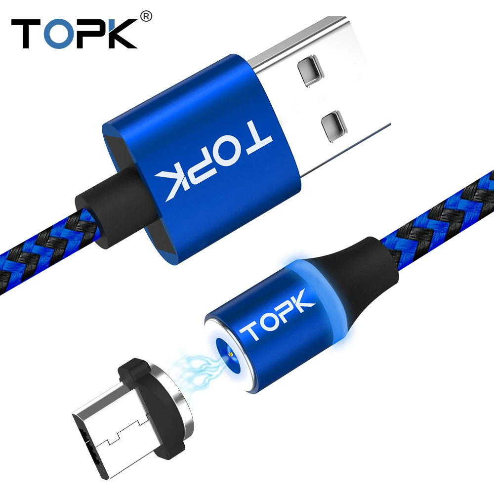 TOPK R-Line3 Магнитный кабель Micro USB, нейлоновый плетеный кабель для мобильного телефона, светодиодный кабель для зарядки Micro USB