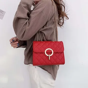 

Amorvivi New Wild Chain Small Square Bag Lingge Metal Buckle Chain Shoulder Bag Trend Fashion PU Flip Hand Bag Round