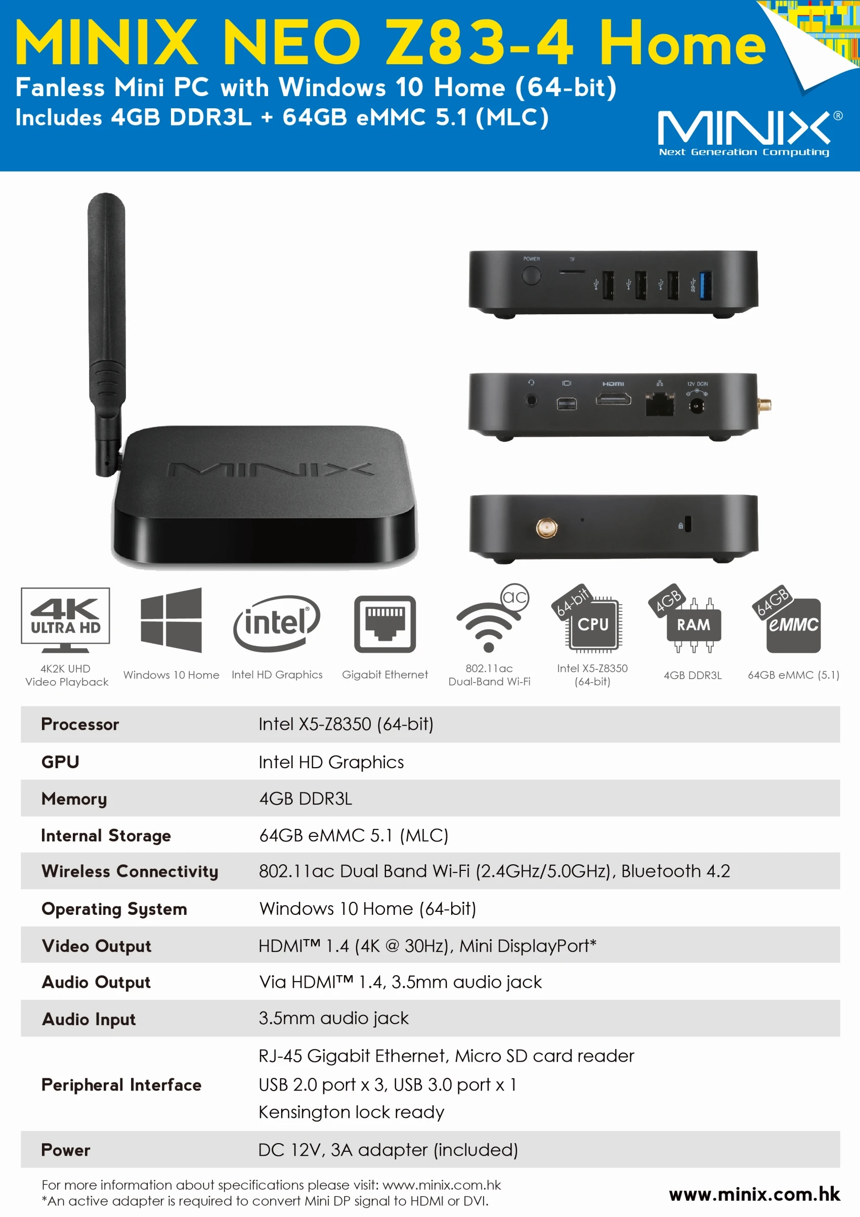Мини ПК MINIX NEO Z83 4 Home Windows 10 MINI PC Гб RAM 64 ROM Intel Atom x5 Z8350 Quad Core с VESA Mount Portable|Мини ПК| |