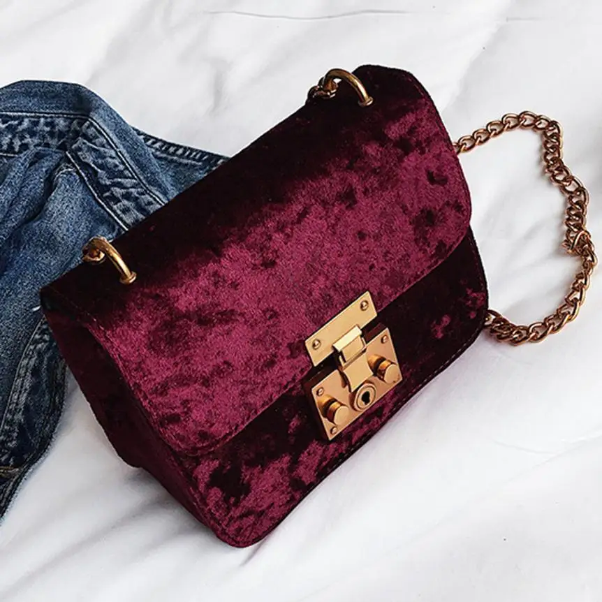 

Women's fashion retro gold velvet Messenger bag shoulder bag ladies solid color cover small square bag handbag #F