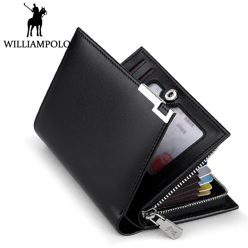 

WILLIAMPOLO Men's Card Holder Wallet Slim Purse Genuine Leather Smaller Purse 2018 Fashion Zippy Card Pocket design Wallet Short