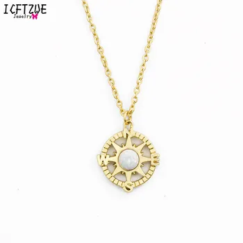 

Stainless Steel Chain Statement Necklace Gold Collier Femme Circle Compass With White Opal Choker Necklace Women Fashion Jewelry