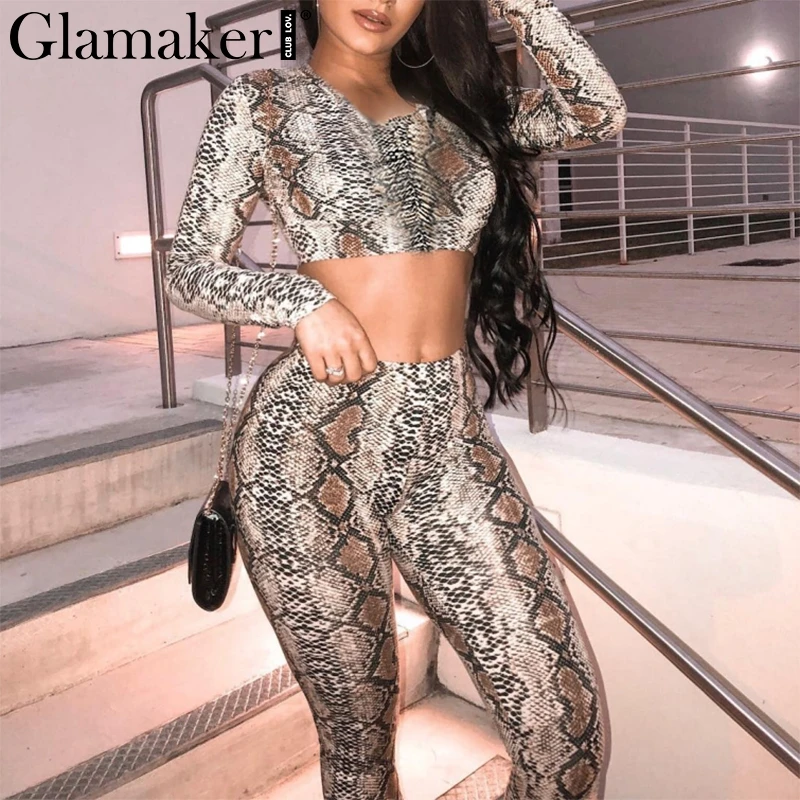 Glamaker Snake print two piece suit jumpsuit Female long sleeve bodysuit sexy jumpsuit romper Women romper overalls for women