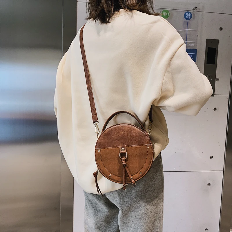 خمر فرك جلد جولة مصمم Crossbody حقيبة للنساء 2019 بو الجلود حقائب كتف السيدات صغيرة حقائب البسيطة حمل حقيبة