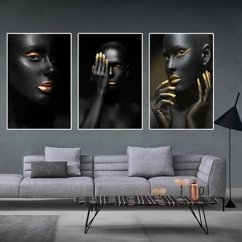

Golden Fashion Sexy Black Woman Canvas Painting Posters and Prints Scandinavian Wall Art Picture for living Room Cuadros Decor