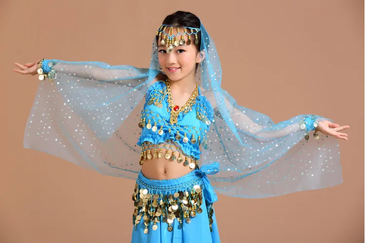 5 шт. 1 комплект, костюмы для танца живота для девочек, детские костюмы для танца живота, индийские танцевальные костюмы для выступлений в Болливуде, Детские восточные танцы