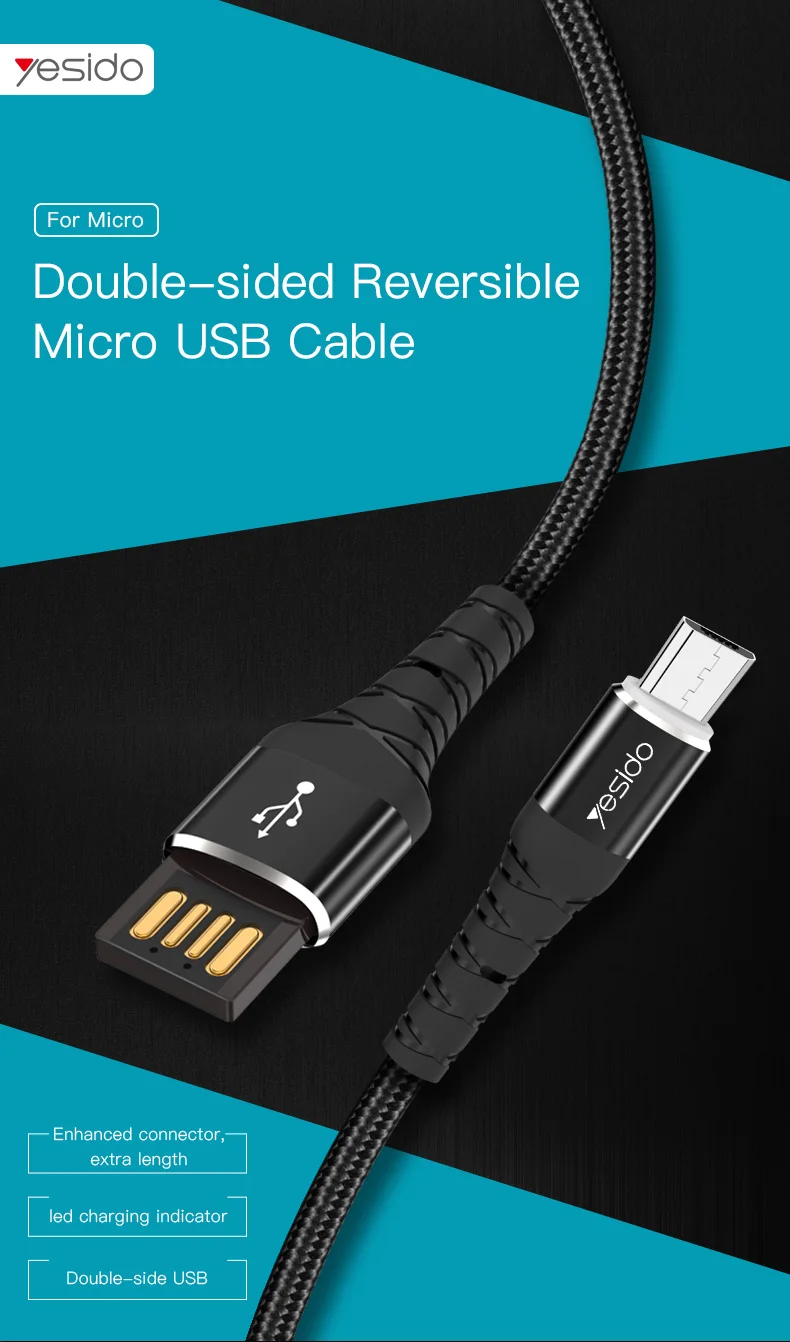 Yesido CA35 Реверсивный USB кабель Micro USB шнур быстрое зарядное устройство кабель для Xiaomi Redmi huawei зарядный провод Micro USB Кабель-адаптер