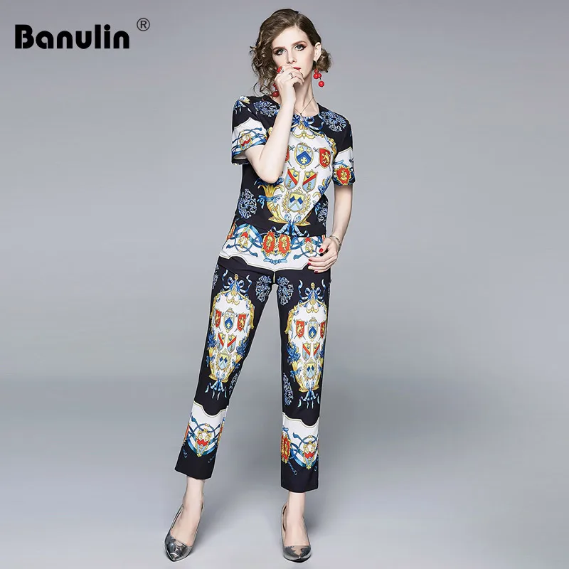 

High Quality Fashion Designer Runway Suit Sets 2019 Summer Women's Short Sleeve Blouses Tops + Long Penci Pants 2 Pieces Set