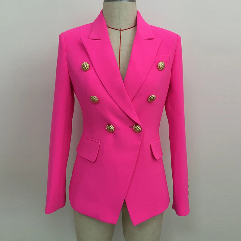 

HIGH STREET 2019 Stylish Designer Blazer Women's Double Breasted Lion Buttons Slim Fitting Blazer Jacket Neon Pink