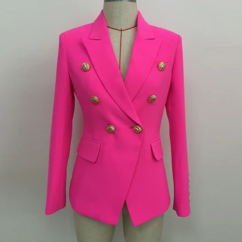 

HIGH STREET 2020 Stylish Designer Blazer Women's Double Breasted Lion Buttons Slim Fitting Blazer Jacket Neon Pink