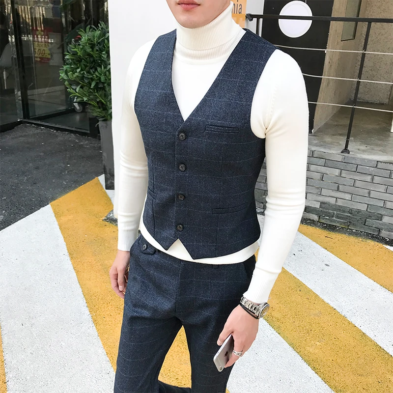 Pure Color Men Plaid Vest Size 5XL Fashion Leisure Male Dress Waistcoat 2019 New Slim Fit Suit Vests Man