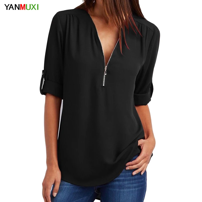 Gasa más el tamaño S-5XL Womens Casual v-cuello cremallera túnica Tops verano 2018 blusas de la manera de las mujeres Ropa Mujer