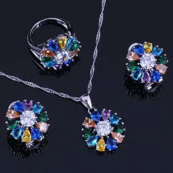 

Enjoyable Multigem Multicolor Brown Cubic Zirconia Silver Plated Jewelry Sets Earrings Pendant Chain Ring V0310