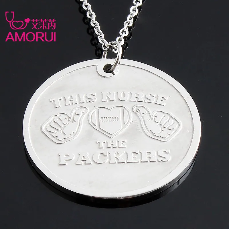 AMORUI Fashion The Nurse Love The Packers Choker Chain Necklace Stainless Steel Heart Football Jewelry Necklaces Pendants Gift