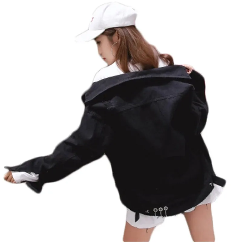  Spring Hole  Female Korean Version Of The Loose Baseball Uniform College Wind Solid Color Female Large Size Denim Jacket W13