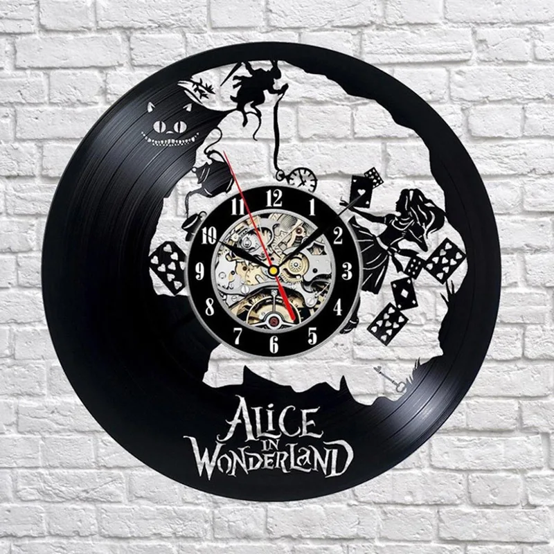 

12" Vinyl Record Wall Clock Alice in Wonderland We are all Mad Style Clocks for Living Room Silent Vintage CD Hanging Clock