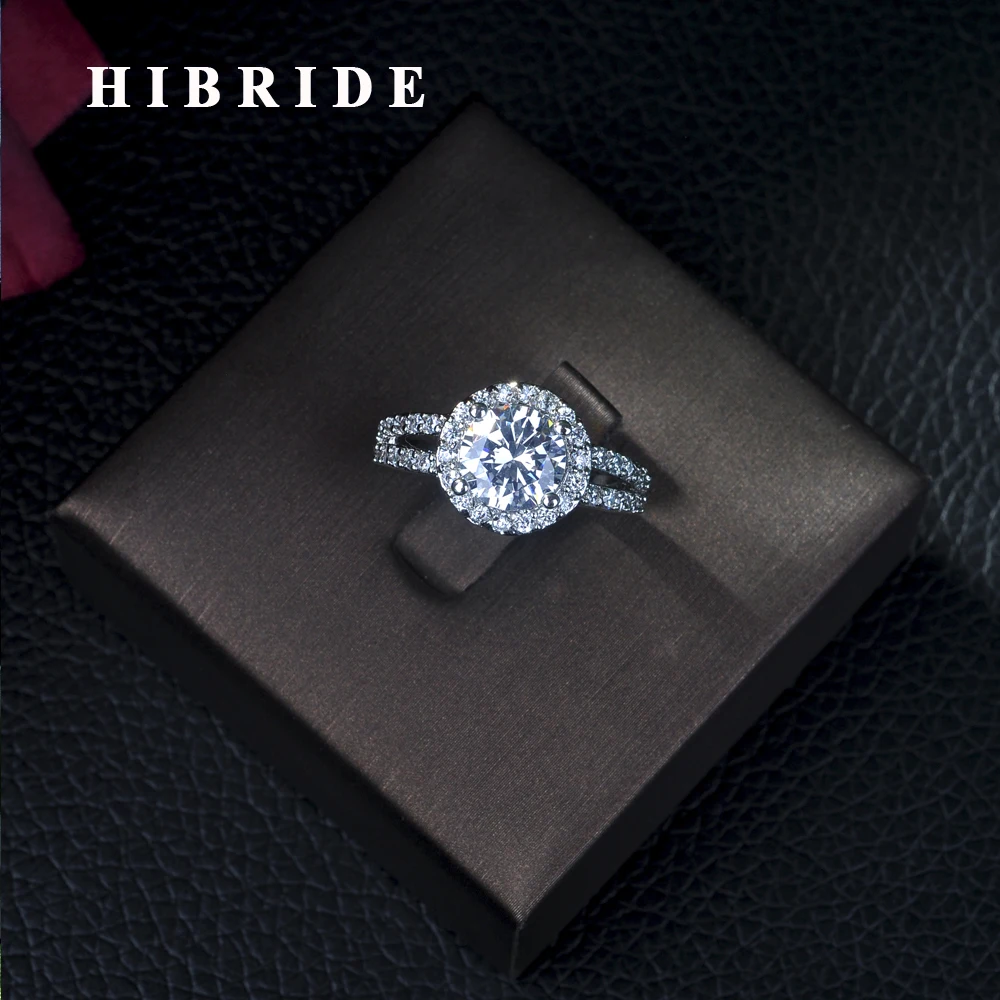 

HIBRIDE Gorgeous Big Halo Engagement Rings Jewelry Silver Color Round Fashion Cubic Zirconia Sona Wedding Ring for Women R-144