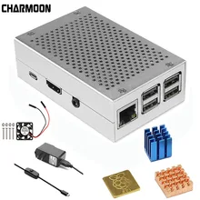 Алюминиевый Чехол, серебристый металлический чехол+ 5 В/3,3 В охлаждающий вентилятор с винтами+ теплоотвод, комплект корпуса для Raspberry Pi 3 Model B+ Pi 4 4B