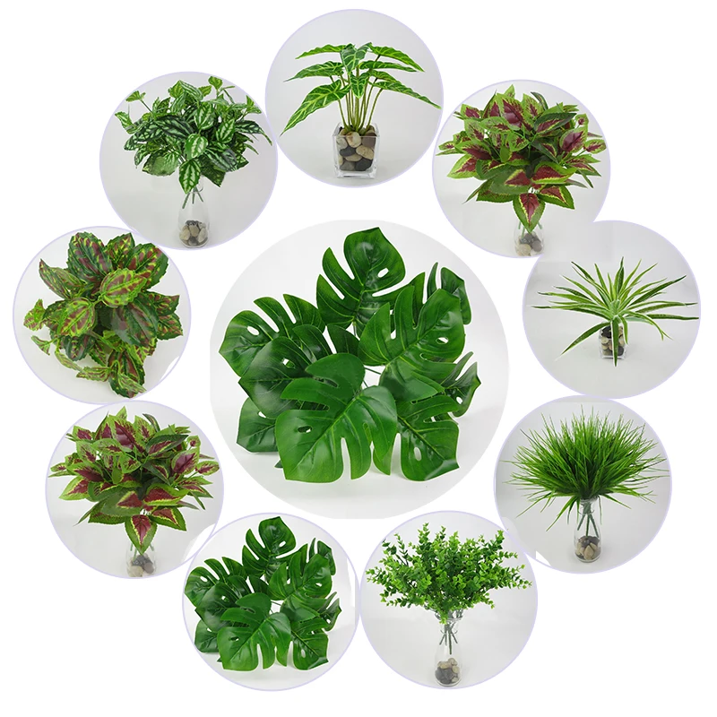 1pc Artificial Flowers with Leaf Green Grass Plastic Plants Fake Leaf Foliage Bush for Home Wedding Decoration Party Supplies