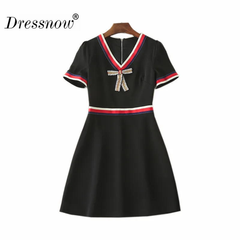 

Dressnow High Quality Women Short Sleeve Mini Dress Ladies V Neck Good Fabric Dresses with Neck Bow Knot