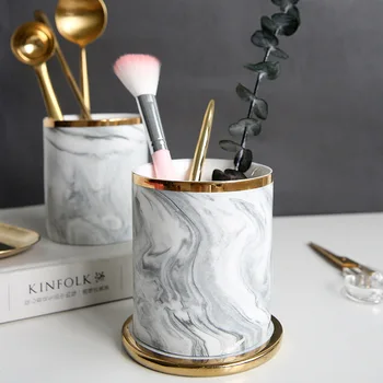 

Nordic Home Decoration Ceramic Marble Storage Bin Gold Makeup Brush Storage Tube Gold Pen Holder Vase