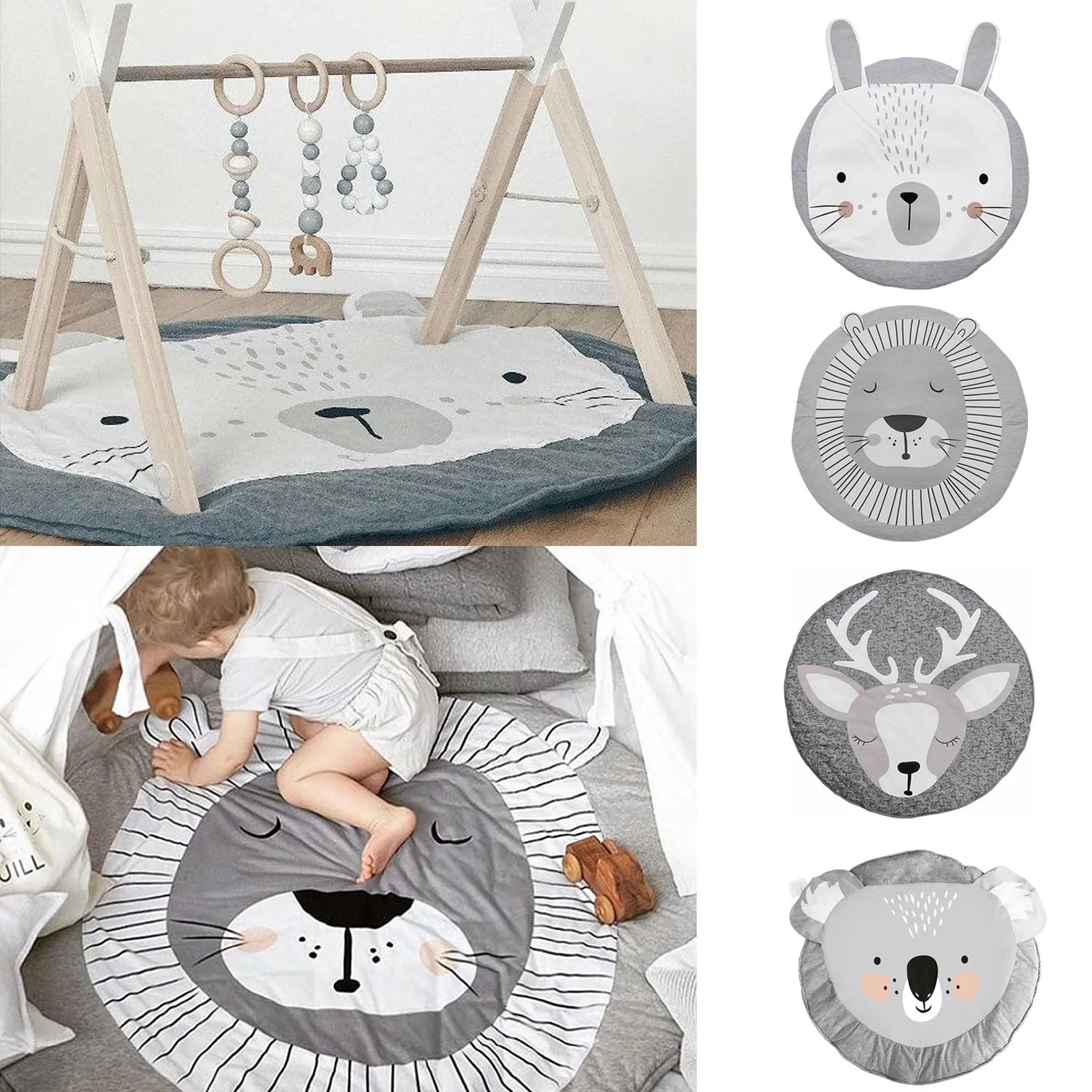 37.4inch Soft Round Cartoon Animal Non-Slip Baby Play Mat Infant Creeping Mat Toddler Crawling Carpet Kids Playing Games Pad Rug afbeelding