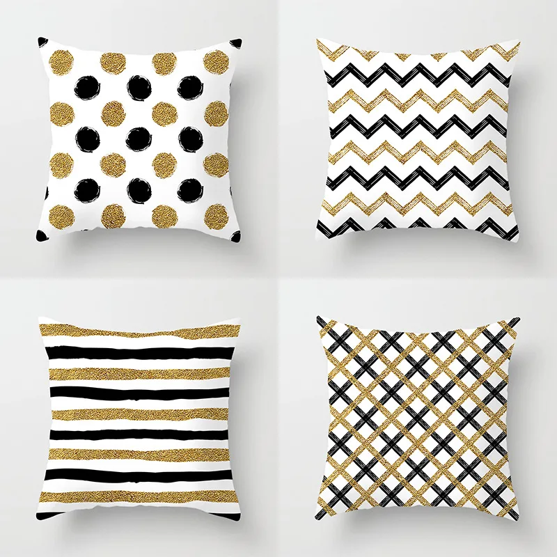 

Golden Geometric Cushion Cover Polyester Wave Point Stripe Print Pillowcase Decorative for Living Room Sofa Bed Home Decor 45x45