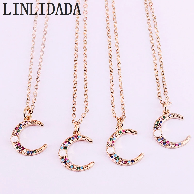 

8Pcs Gold Color rainbow cubic zirconia CZ Crescent Moon Charm Pendant Necklace Jewelry for Women Girls