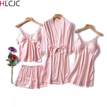 Сексуальный женский халат и платье, комплекты, кружевной Халат+ ночная сорочка, 4 штуки, пижама, Женский комплект для сна, искусственный шелк, женское белье