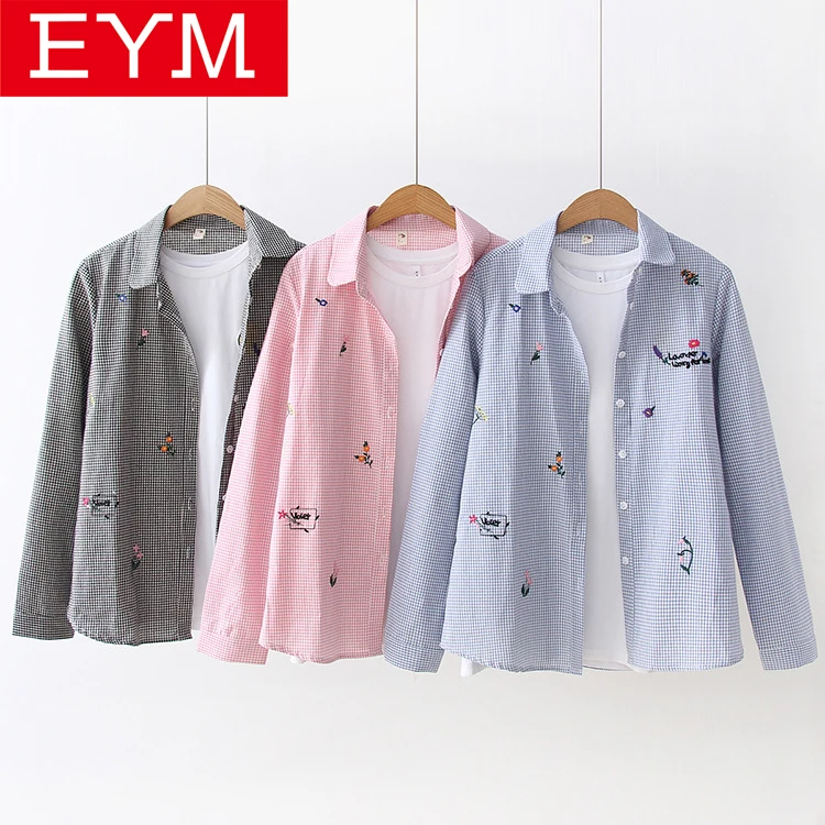 

2018 Autumn New Cotton Causal Blouses College Style Women's Shirts Long Sleeve Letters Embroidered Plaid Shirt Tops Blusas Femme