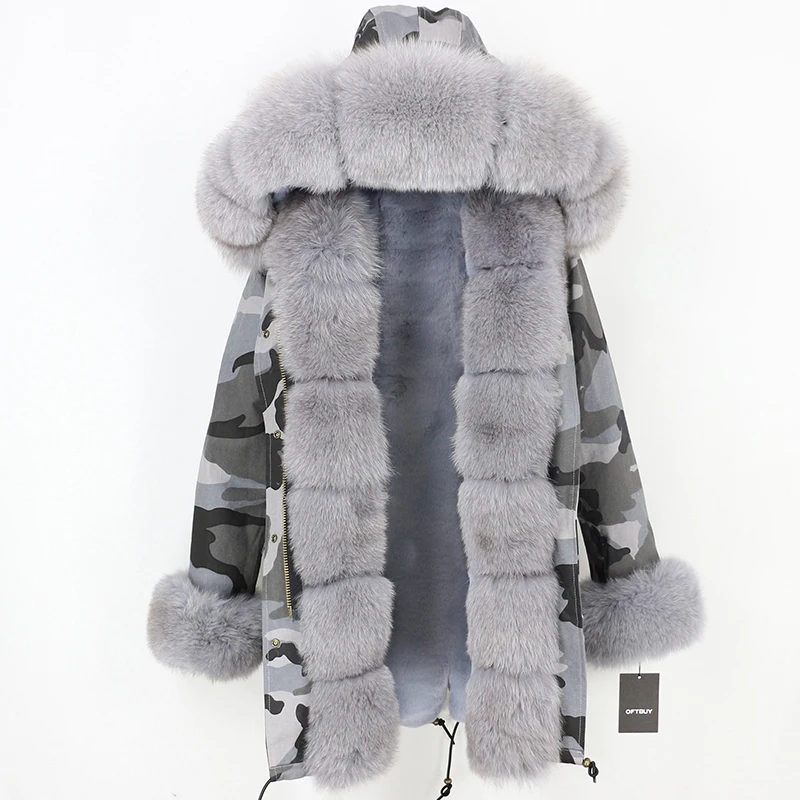 Бренд OFTBUY, новинка, длинная камуфляжная зимняя куртка, женская верхняя одежда, толстые парки, натуральный Лисий мех, воротник, пальто с капюшоном, pelliccia - Цвет: Camouflage grey