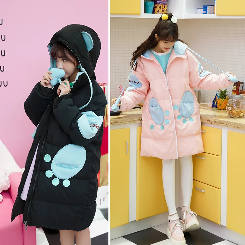 

Princess sweet lolita parkas Cute bear ears hooded heart-shaped embroidery 90 white eiderdown bat sleeve loose parkas VC47