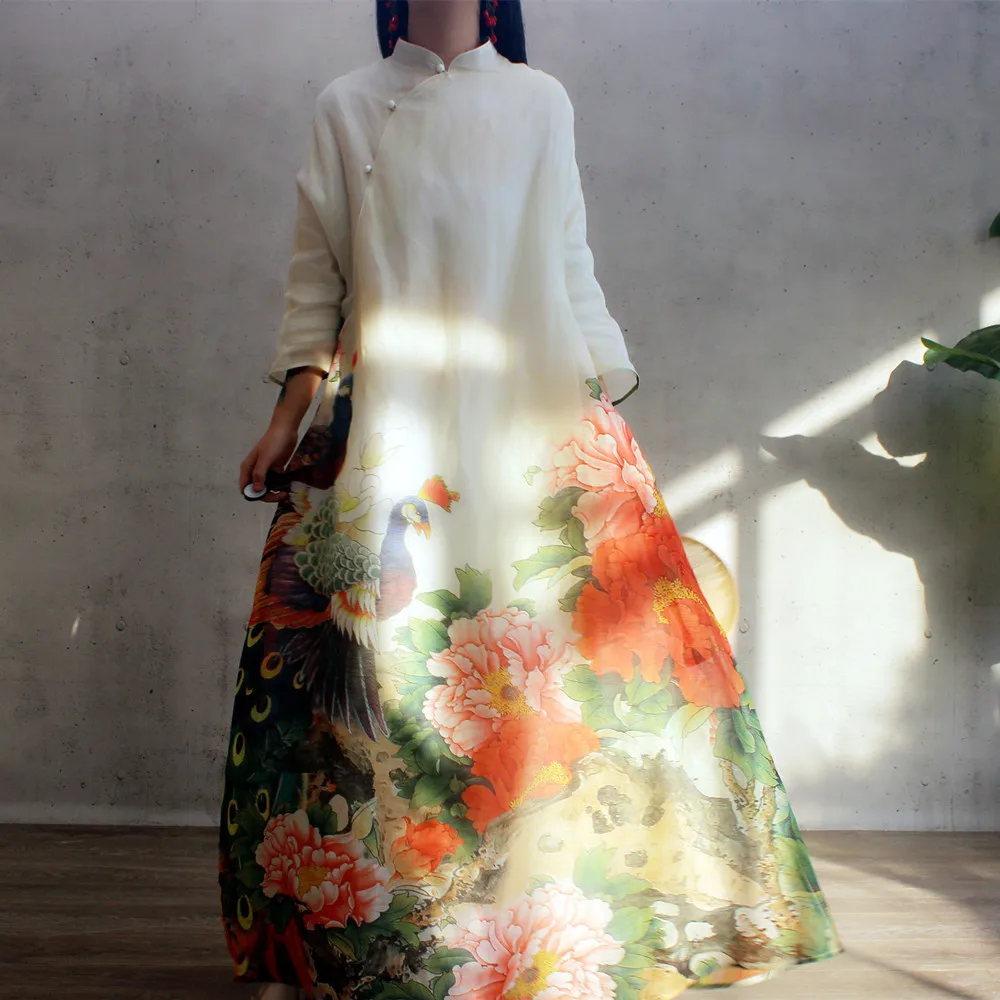 Китайский Для женщин с цветочным принтом Qipao классический Улучшенный воротник-стойка Cheongsam хлопок Винтаж длинное вечернее Платье для