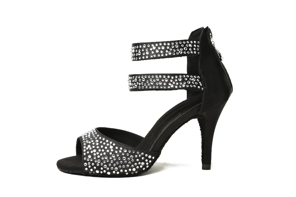 Черная обувь для женщин; женские Вечерние туфли на квадратном каблуке для сальсы; обувь для латинских танцев; стразы на молнии; JuseDanc