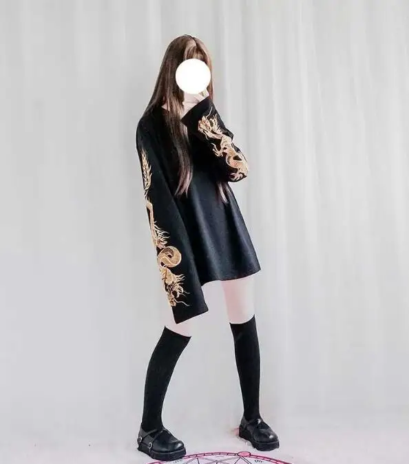 Новинка Женская свободная толстовка с длинным рукавом и вышивкой дракона в