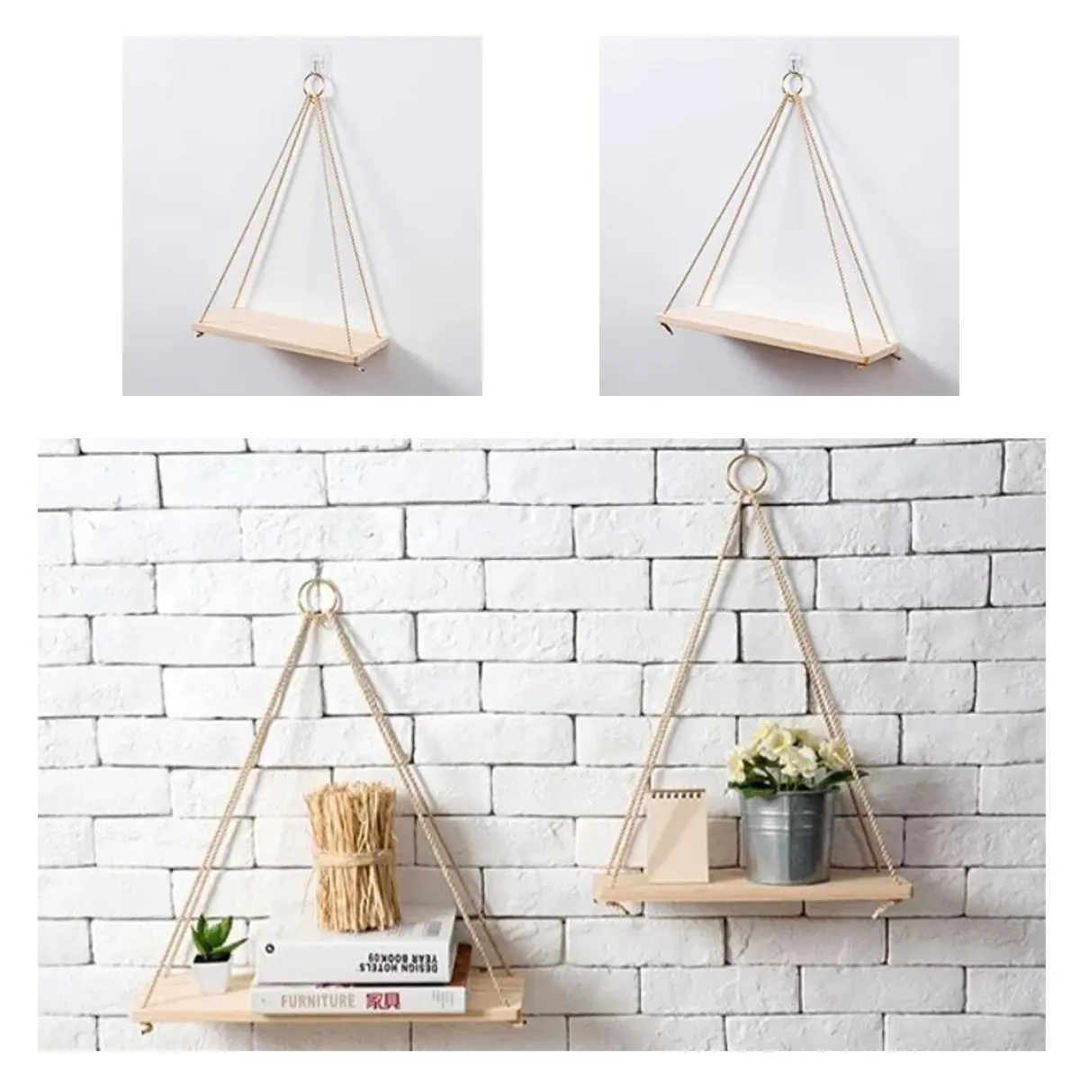 

Wooden Nordic Style Flowerpot Storage Rack Wall Rope Hanging Wall Shelf for Home Decor of Kitchen Bedroom Living Room Office
