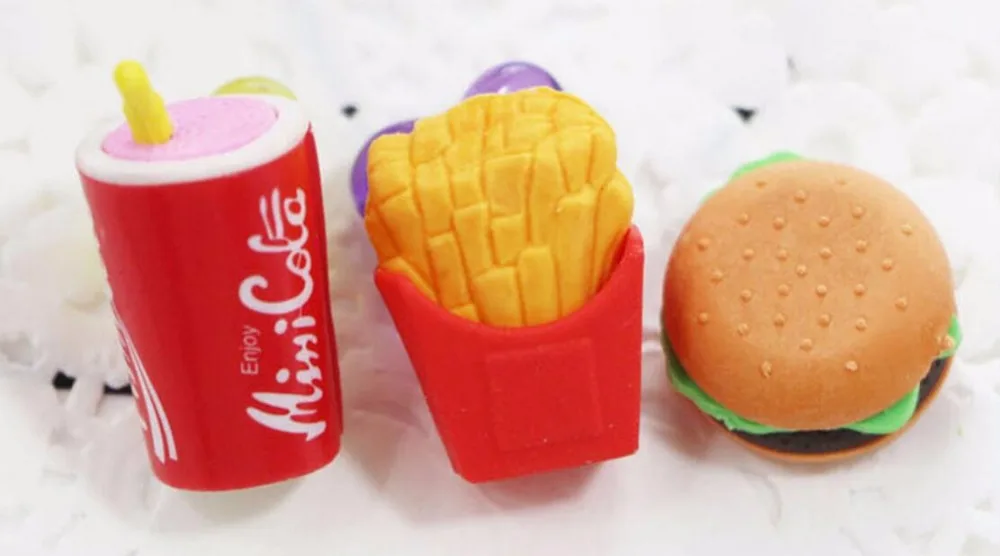 3Pcs 3D Food Eraser For Burgers Cola French Fries With Causeway Hot Dog