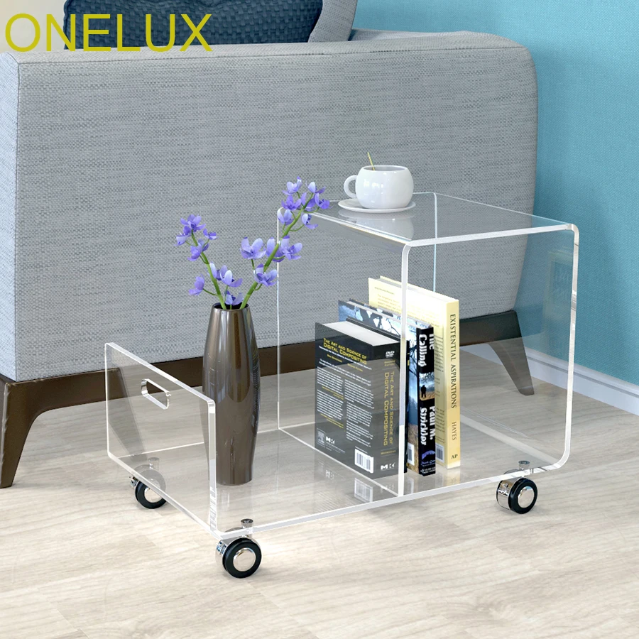 Waterfall Acrylic Occasional Side Tea Table On Wheels,Rolling Acrylic