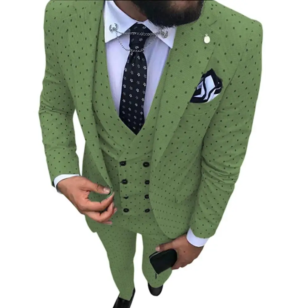 Мужской костюм с пятнистыми пятнами, 3 предмета, повседневный приталенный двубортный жилет с отворотом, смокинги для женихов, мужские вечерние(Блейзер+ жилет+ брюки - Цвет: olive green