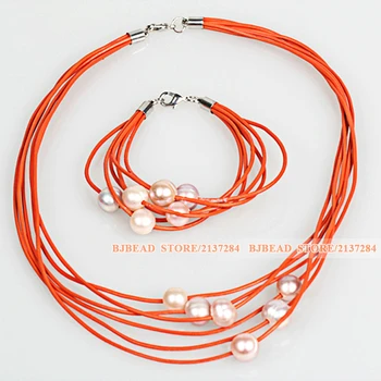 

Trendy And Fashion 10-11mm Purple Freshwater Pearl And Orange Leather Necklace Bracelet Set With Lobster Clasp