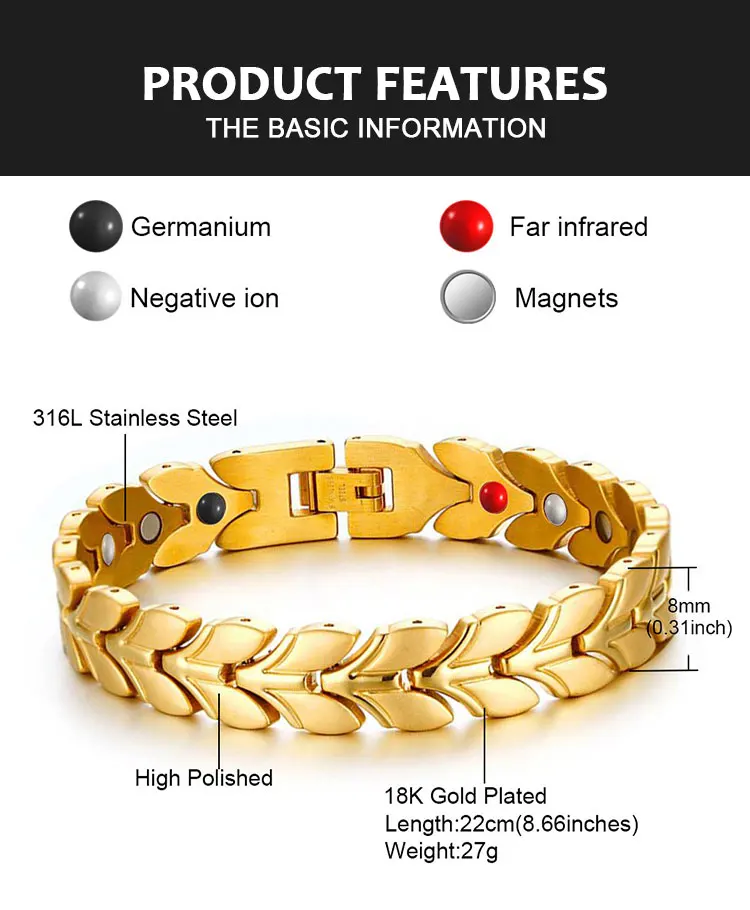 FINE4U B081 золотой цвет здоровья магнитный браслет для женщин 316L нержавеющая сталь браслеты и оздоровительный германий