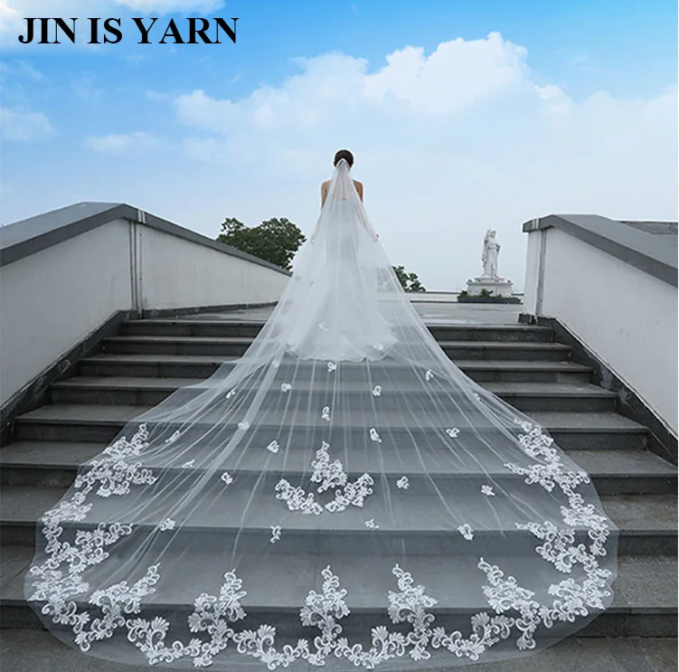 

Romantic 4 M Wedding Veil Cathedral One Layer Lace Appliqued Long Bridal Veils With Comb Woman Marry Gifts 2019 New Accessories