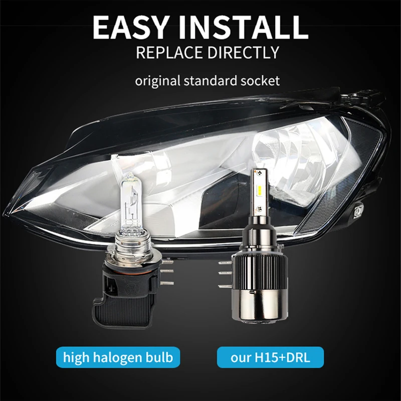 2pcs H15 LED Headlight bulbs Hi-beam 60W 7200LM 6000K CSP headlamp CANBUS Error free for Mazda 6 CX5 Golf 7 Audi BMW Mercedes