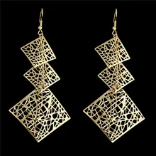 SHUANGR Vintage Long Dangle Earrings for Women Costume Jewelry Hollow Square Golden Sliver Color Alloy Geometric Drop Earrings