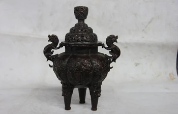 

song voge gem S1590 China Bronze Copper Bat Foo Dog Lion Dragon Unicorn kylin Incense Burner Censer