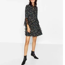 2016 Elegant Party Dresses For Women Floral Print Dress Flare Sleeve Loose Dress Autumn Stand Collar XZ0869