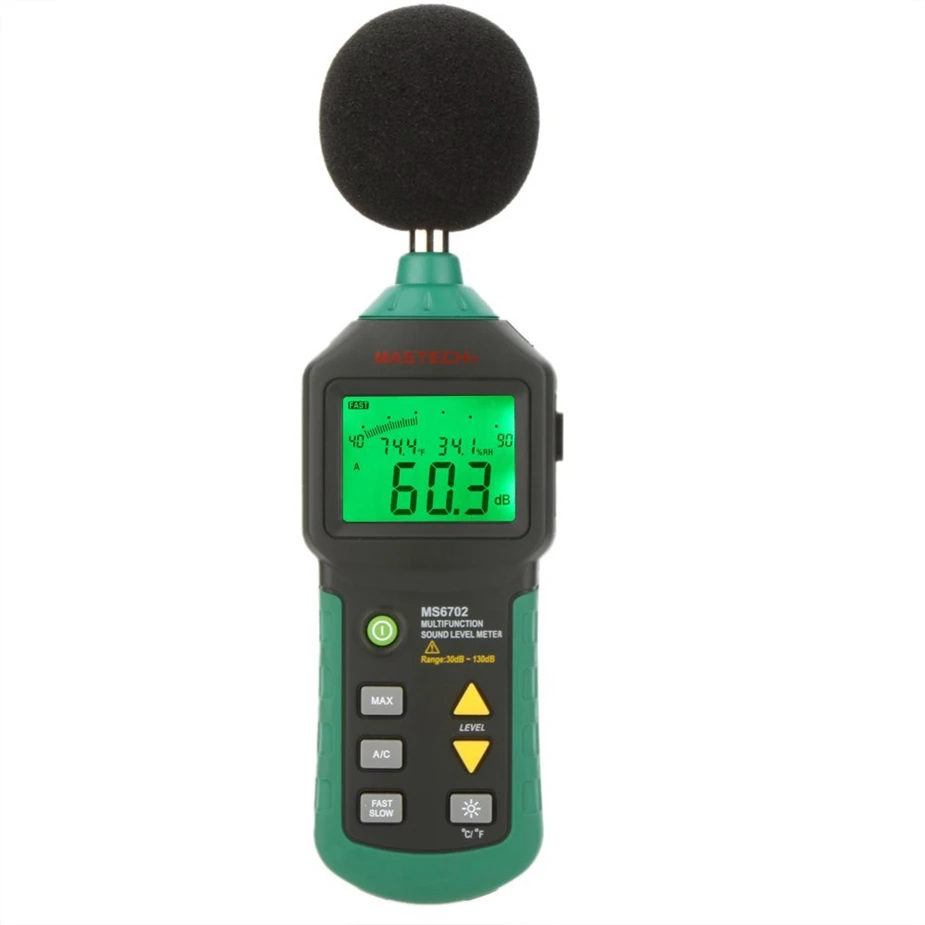 

MASTECH MS6702 Digital Sound Level Meter Noise Meter 30dB~130dB DB Decible Meter Tester Temperature Humidity