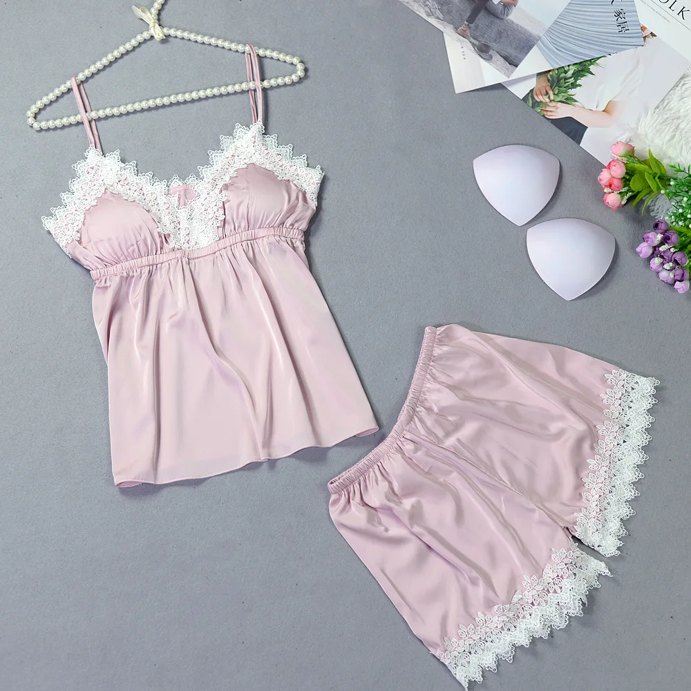 

2019 new pajama set Women spring summer silk sexy Pyjamas lace sling Satin Sleepwear shorts sleeveless ladies home clothing 2pcs