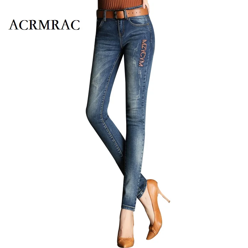 

ACRMRAC Women's jeans New summer letter Holes Slim blue Pencil pants Full Length Skinny jeans Women
