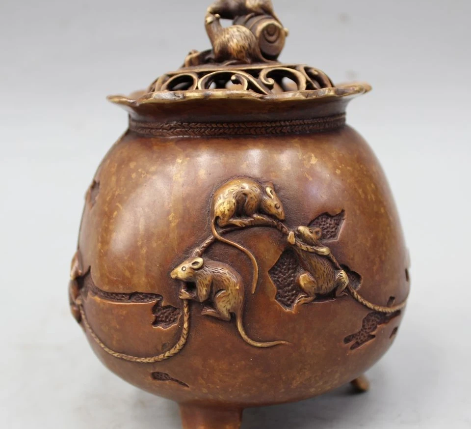 5 Marked Chinese Qian Long Dynasty Copper 3 Foot Mouse Incense Burner Censer